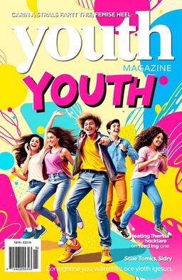 A vibrant and modern magazine cover aimed at youth, featuring dynamic typography with the magazine title prominently displayed at the top