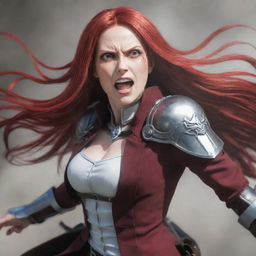 A dynamic anime-style image of a middle-aged, short woman with vampire-like pale skin and long, vibrant red hair. She's clad in the medieval variant of Attack on Titan attire, projecting a spirit of unwavering bravery.