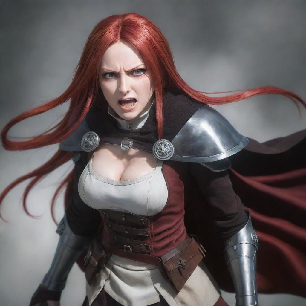 A dynamic anime-style image of a middle-aged, short woman with vampire-like pale skin and long, vibrant red hair. She's clad in the medieval variant of Attack on Titan attire, projecting a spirit of unwavering bravery.