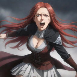 A dynamic anime-style image of a middle-aged, short woman with vampire-like pale skin and long, vibrant red hair. She's clad in the medieval variant of Attack on Titan attire, projecting a spirit of unwavering bravery.