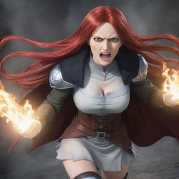 A dynamic anime-style image of a middle-aged, short woman with vampire-like pale skin and long, vibrant red hair. She's clad in the medieval variant of Attack on Titan attire, projecting a spirit of unwavering bravery.