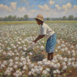 Create an artwork in the style of Monet showing an African American boy picking cotton in a field. The impressionistic painting reflects the complexities of his task, the vibrant touch of the brushwork adds intensity and emotional depth.