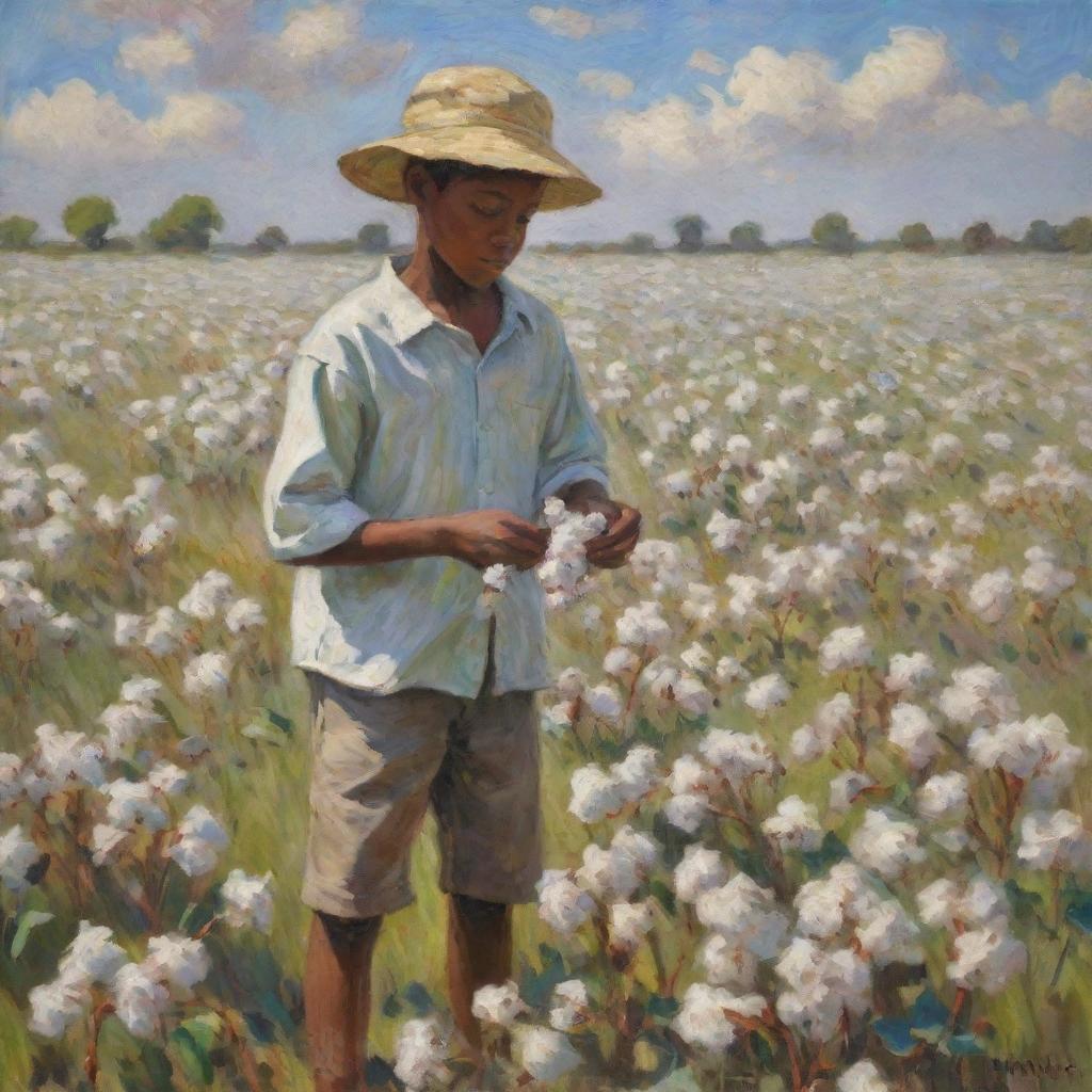 Create an artwork in the style of Monet showing an African American boy picking cotton in a field. The impressionistic painting reflects the complexities of his task, the vibrant touch of the brushwork adds intensity and emotional depth.