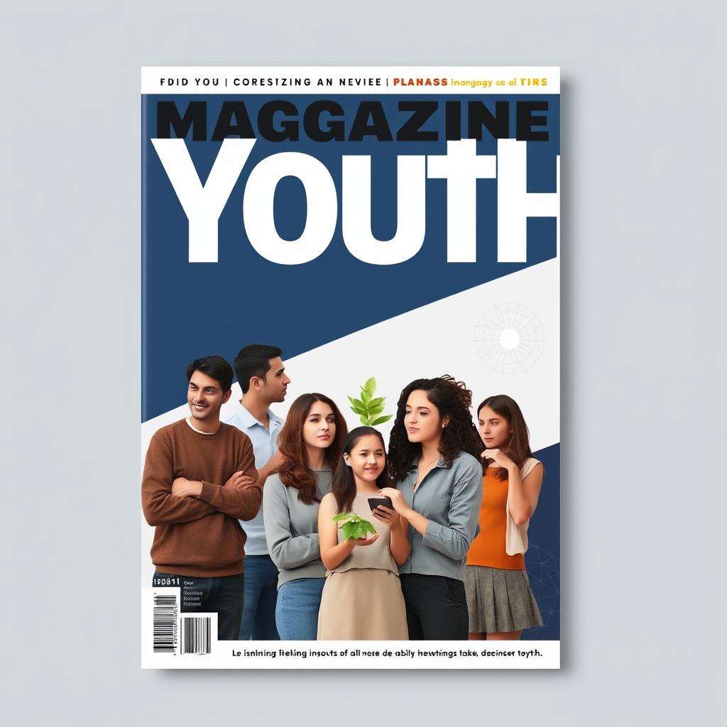 A serious and professional A4 magazine cover aimed at youth, featuring bold, modern typography for the magazine title prominently displayed at the top