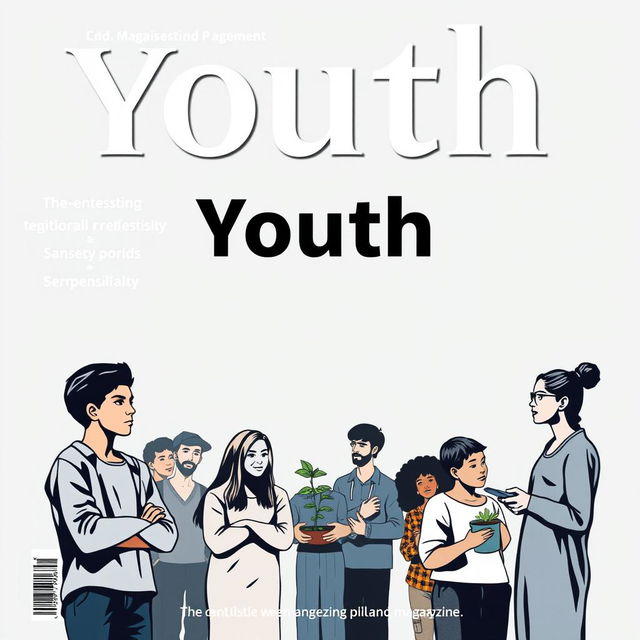 A serious and professional A4 magazine cover aimed at youth, featuring bold, modern typography for the magazine title prominently displayed at the top