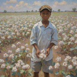 Create an artwork in the style of Monet showing an African American boy picking cotton in a field. The impressionistic painting reflects the complexities of his task, the vibrant touch of the brushwork adds intensity and emotional depth.