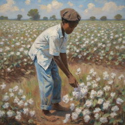 Create an artwork in the style of Monet showing an African American boy picking cotton in a field. The impressionistic painting reflects the complexities of his task, the vibrant touch of the brushwork adds intensity and emotional depth.