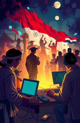 An illustration depicting the behind-the-scenes role of cyber intelligence in the socio-cultural dynamics of Indonesia