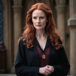 A magical portrayal of a middle-aged, petite lady with vampire-like pale skin and long, vivacious red hair. She is dressed in a classic Hogwarts Royal Robe from Harry Potter, exhibiting a strong and wise demeanor.