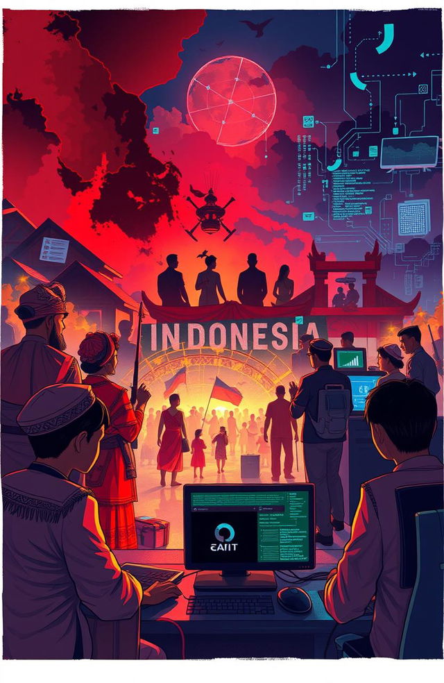 An illustration depicting the behind-the-scenes role of cyber intelligence in the socio-cultural dynamics of Indonesia