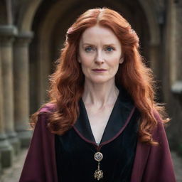 A magical portrayal of a middle-aged, petite lady with vampire-like pale skin and long, vivacious red hair. She is dressed in a classic Hogwarts Royal Robe from Harry Potter, exhibiting a strong and wise demeanor.