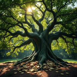 A lush, sprawling tree with a thick, sturdy trunk and a wide canopy, symbolizing wisdom and longevity