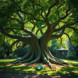 A lush, sprawling tree with a thick, sturdy trunk and a wide canopy, symbolizing wisdom and longevity