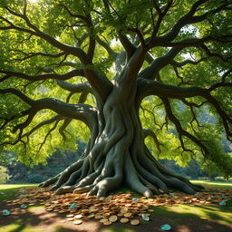 A lush, sprawling tree with a thick, sturdy trunk and a wide canopy, symbolizing wisdom and longevity