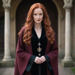 A magical portrayal of a middle-aged, petite lady with vampire-like pale skin and long, vivacious red hair. She is dressed in a classic Hogwarts Royal Robe from Harry Potter, exhibiting a strong and wise demeanor.