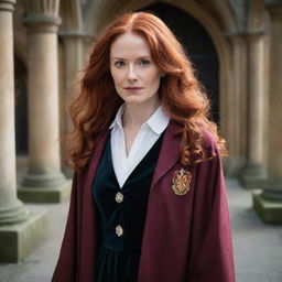 A magical portrayal of a middle-aged, petite lady with vampire-like pale skin and long, vivacious red hair. She is dressed in a classic Hogwarts Royal Robe from Harry Potter, exhibiting a strong and wise demeanor.