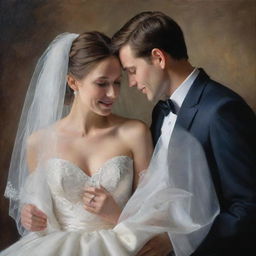 A newly married couple elegantly clothed, sharing a blissful moment, captured in the depth of tones, exquisite detail, and rich textures that are synonymous with a classic oil painting.