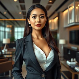 A beautiful young Indonesian woman with striking features and large breasts, showcasing a blend of Indonesian and European heritage