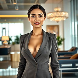 A beautiful young Indonesian woman with striking features and large breasts, showcasing a blend of Indonesian and European heritage