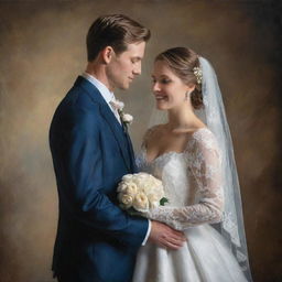 A newly married couple elegantly clothed, sharing a blissful moment, captured in the depth of tones, exquisite detail, and rich textures that are synonymous with a classic oil painting.