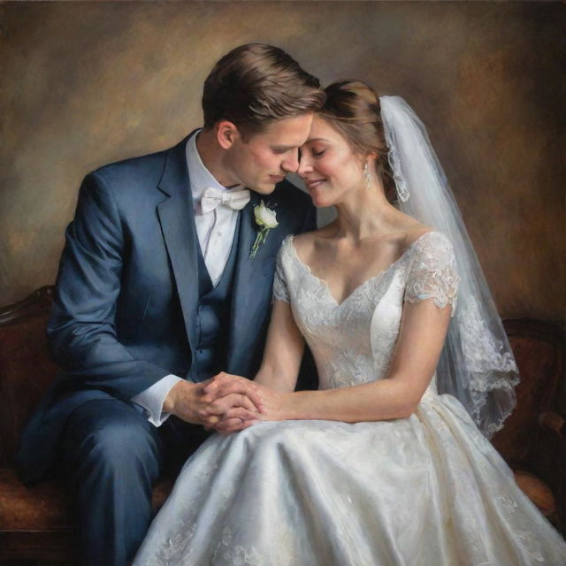 A newly married couple elegantly clothed, sharing a blissful moment, captured in the depth of tones, exquisite detail, and rich textures that are synonymous with a classic oil painting.