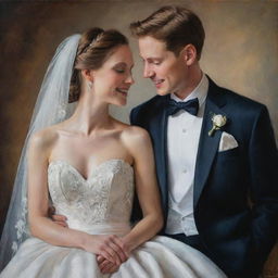 A newly married couple elegantly clothed, sharing a blissful moment, captured in the depth of tones, exquisite detail, and rich textures that are synonymous with a classic oil painting.