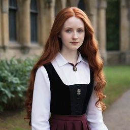 A splendid portrayal of a 28-year-old, petite lady with vampire-like pale skin and flowing long red hair. She's dressed in traditional Hogwarts attire from Harry Potter, radiating a youthful aura of magic and wisdom.