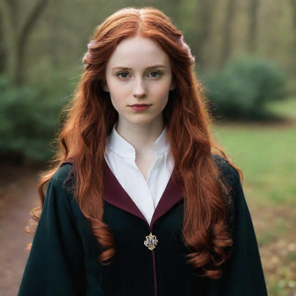 A splendid portrayal of a 28-year-old, petite lady with vampire-like pale skin and flowing long red hair. She's dressed in traditional Hogwarts attire from Harry Potter, radiating a youthful aura of magic and wisdom.