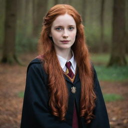 A splendid portrayal of a 28-year-old, petite lady with vampire-like pale skin and flowing long red hair. She's dressed in traditional Hogwarts attire from Harry Potter, radiating a youthful aura of magic and wisdom.