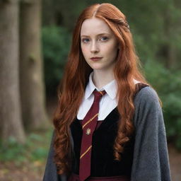 A splendid portrayal of a 28-year-old, petite lady with vampire-like pale skin and flowing long red hair. She's dressed in traditional Hogwarts attire from Harry Potter, radiating a youthful aura of magic and wisdom.