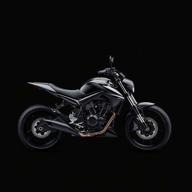 A sleek side view of a stylish black motorcycle displayed against a solid black background