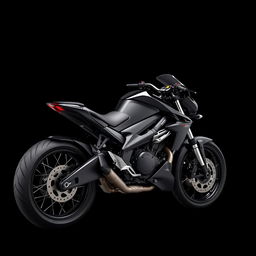 A sleek side view of a stylish black motorcycle displayed against a solid black background