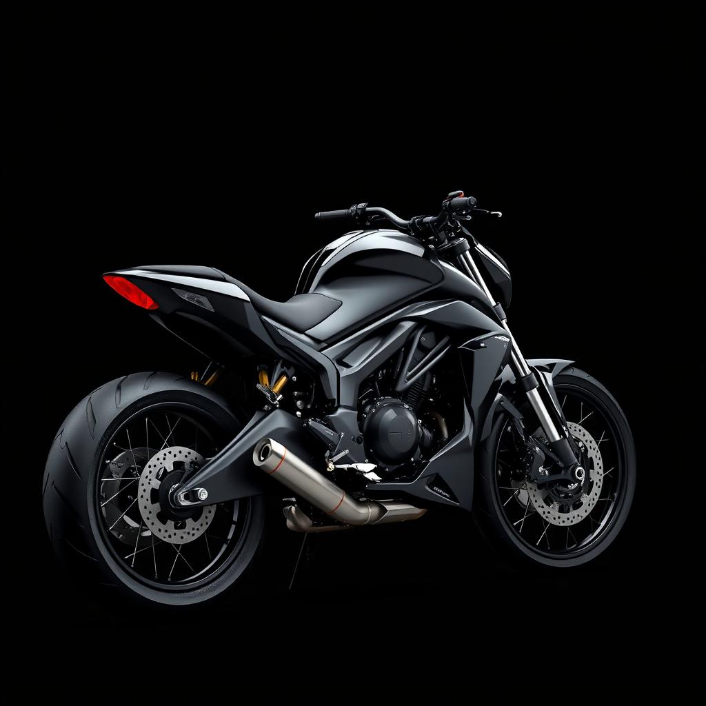 A sleek side view of a stylish black motorcycle displayed against a solid black background