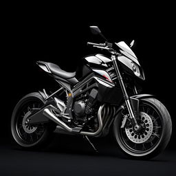 A sleek side view of a stylish black motorcycle displayed against a solid black background