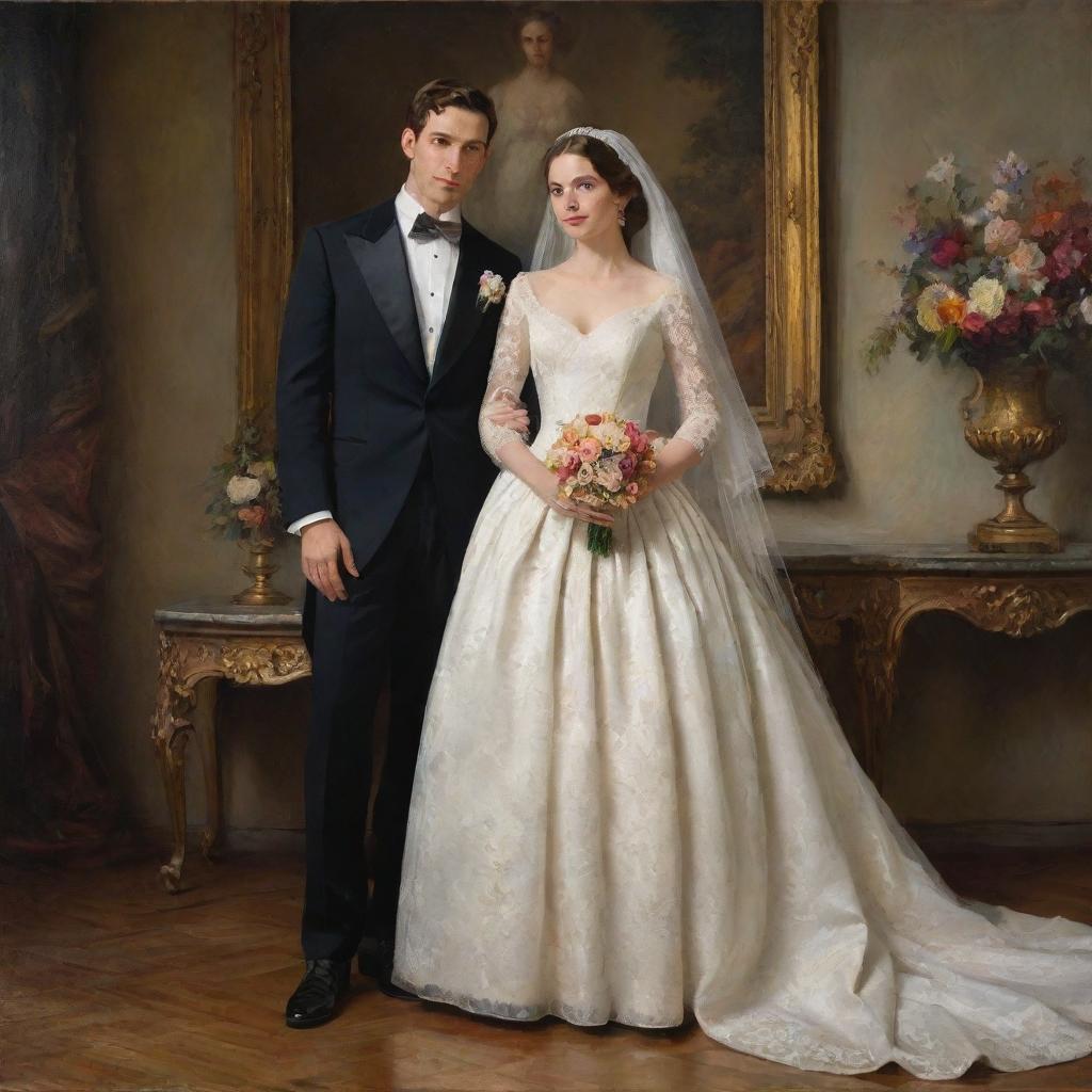 A newlywed couple elegantly dressed and posing in a romantic setting, their expressions and posture depicted with the rich vibrancy, depth, and detailed brushwork characteristic of a classical oil painting.