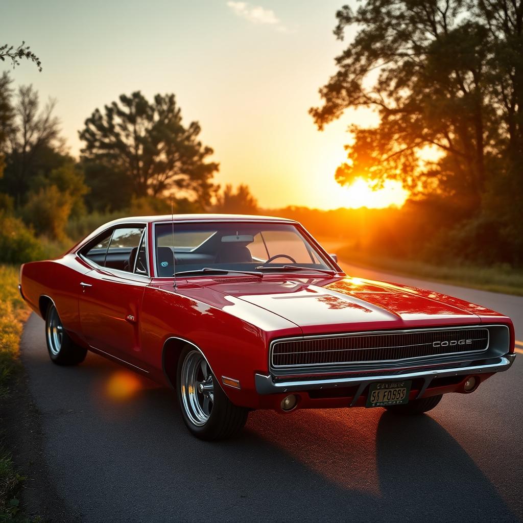 A vibrant red Dodge Charger blended with an Opala, featuring an eye-catching design that maintains the powerful stance of the Charger while incorporating the sleek lines and vintage charm of the Opala