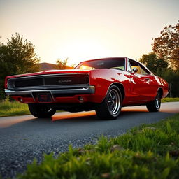 A vibrant red Dodge Charger blended with an Opala, featuring an eye-catching design that maintains the powerful stance of the Charger while incorporating the sleek lines and vintage charm of the Opala