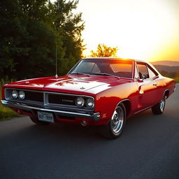 A vibrant red Dodge Charger blended with an Opala, featuring an eye-catching design that maintains the powerful stance of the Charger while incorporating the sleek lines and vintage charm of the Opala