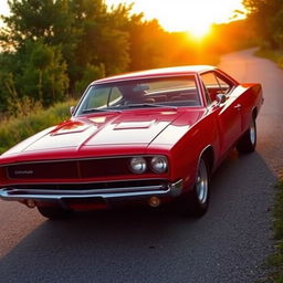 A vibrant red Dodge Charger blended with an Opala, featuring an eye-catching design that maintains the powerful stance of the Charger while incorporating the sleek lines and vintage charm of the Opala