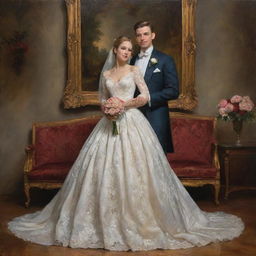 A newlywed couple elegantly dressed and posing in a romantic setting, their expressions and posture depicted with the rich vibrancy, depth, and detailed brushwork characteristic of a classical oil painting.