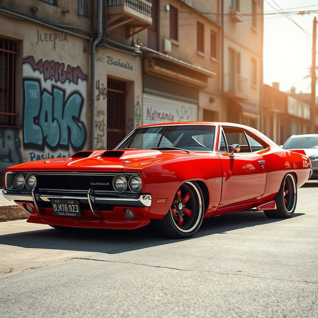 A striking red Dodge Charger creatively fused with an Opala, showcasing a seamless blend of modern muscle car aesthetics and classic Brazilian design