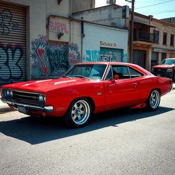 A striking red Dodge Charger creatively fused with an Opala, showcasing a seamless blend of modern muscle car aesthetics and classic Brazilian design