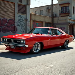 A striking red Dodge Charger creatively fused with an Opala, showcasing a seamless blend of modern muscle car aesthetics and classic Brazilian design