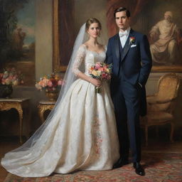 A newlywed couple elegantly dressed and posing in a romantic setting, their expressions and posture depicted with the rich vibrancy, depth, and detailed brushwork characteristic of a classical oil painting.