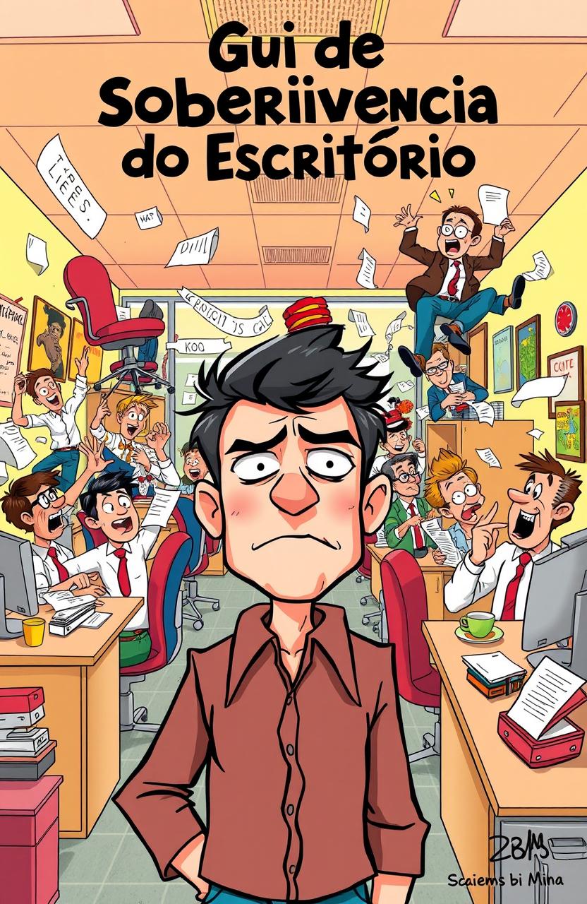 A vibrant cartoon depicting an office scene filled with humorous chaos