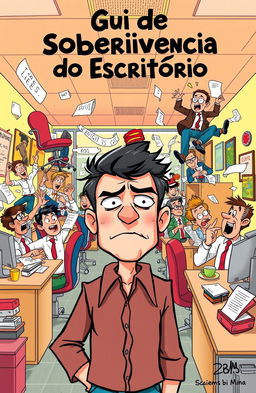 A vibrant cartoon depicting an office scene filled with humorous chaos