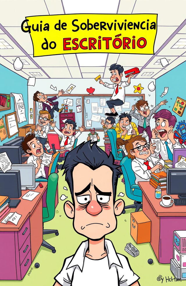 A vibrant cartoon depicting an office scene filled with humorous chaos