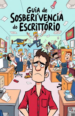A vibrant cartoon depicting an office scene filled with humorous chaos