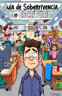 A vibrant cartoon depicting an office scene filled with humorous chaos