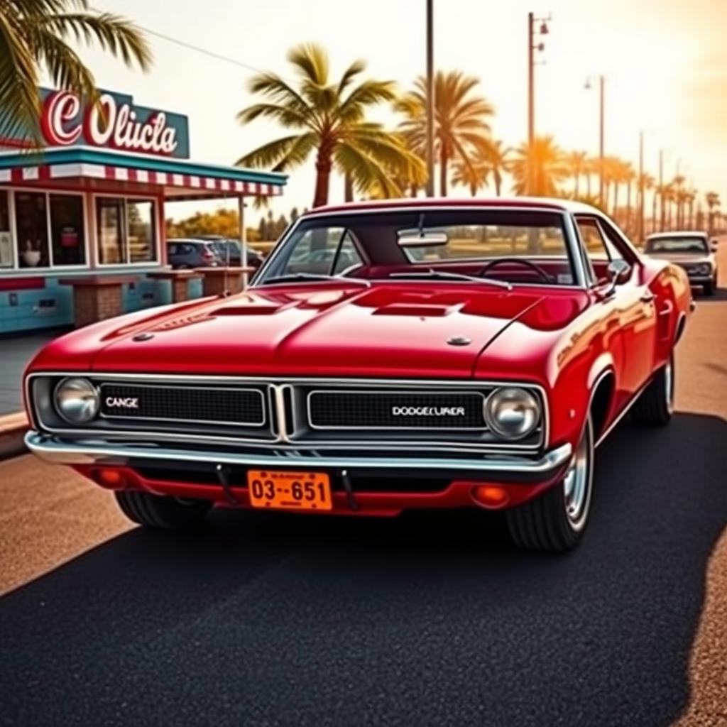 An artistic fusion of a red Barracuda Dodge Charger and a classic Opala, showcasing a seamless integration of both cars' iconic features